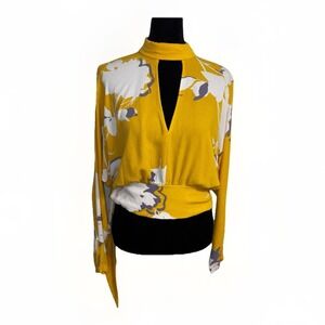 Free People Women's Yellow White Floral Print Long Sleeve Blouse Top Size S